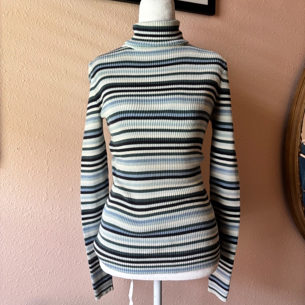 Y2K Rory Gilmore Blue Striped Turtleneck Sweater - Picture 2 of 6